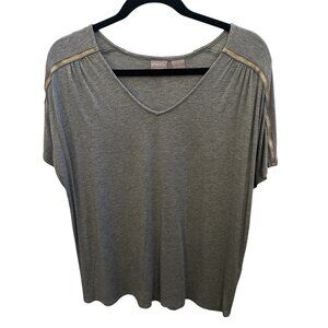 Chico's Zenergy Gray V--neck T-Shirt Top Gold Tone Ribbon Sleeves Sz 1 (M)